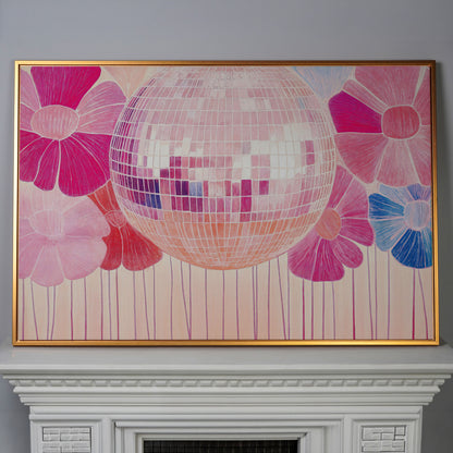Disco Ball & Pink Flowers Canvas in antique gold floating frame