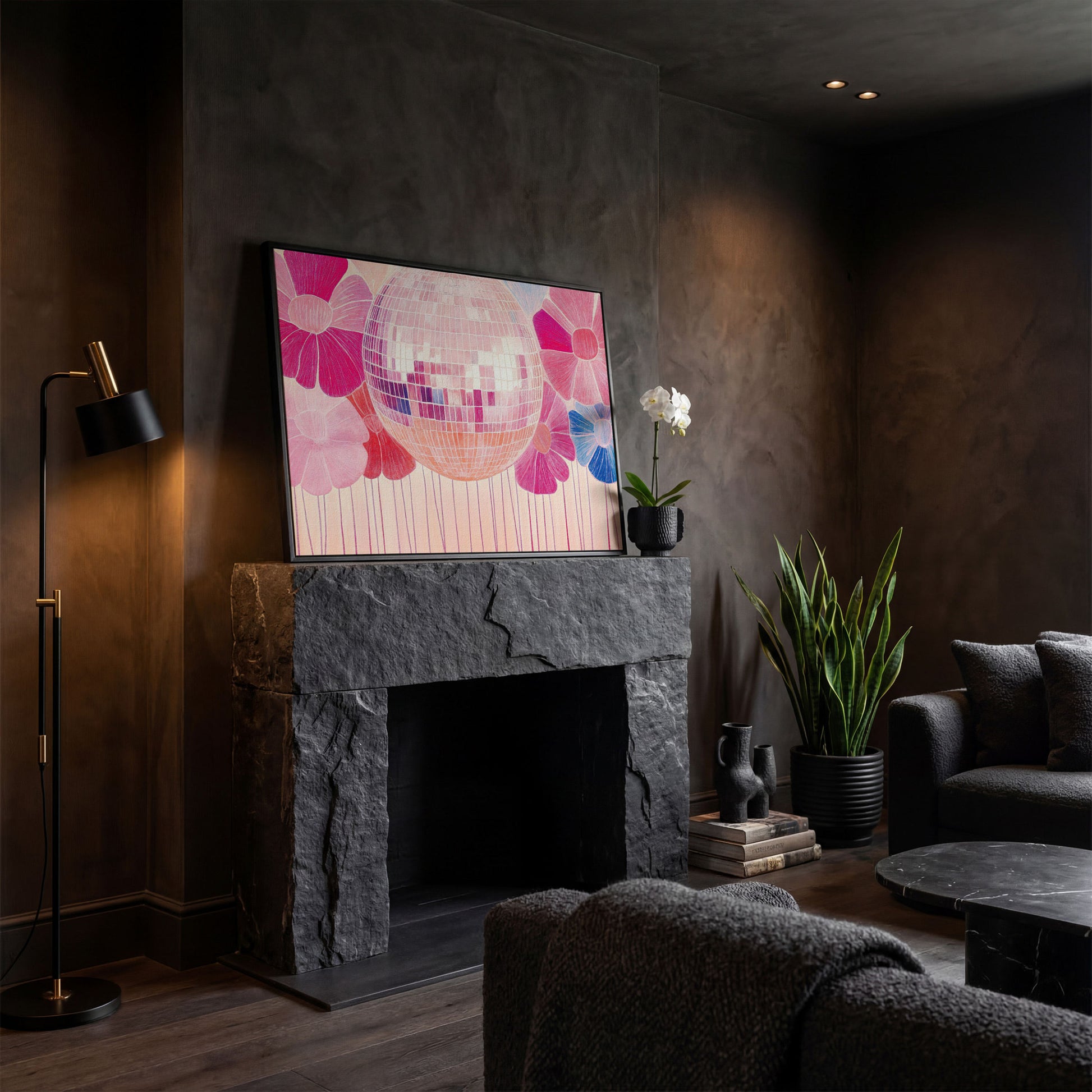 Disco Ball & Pink Flowers Canvas in black floating frame