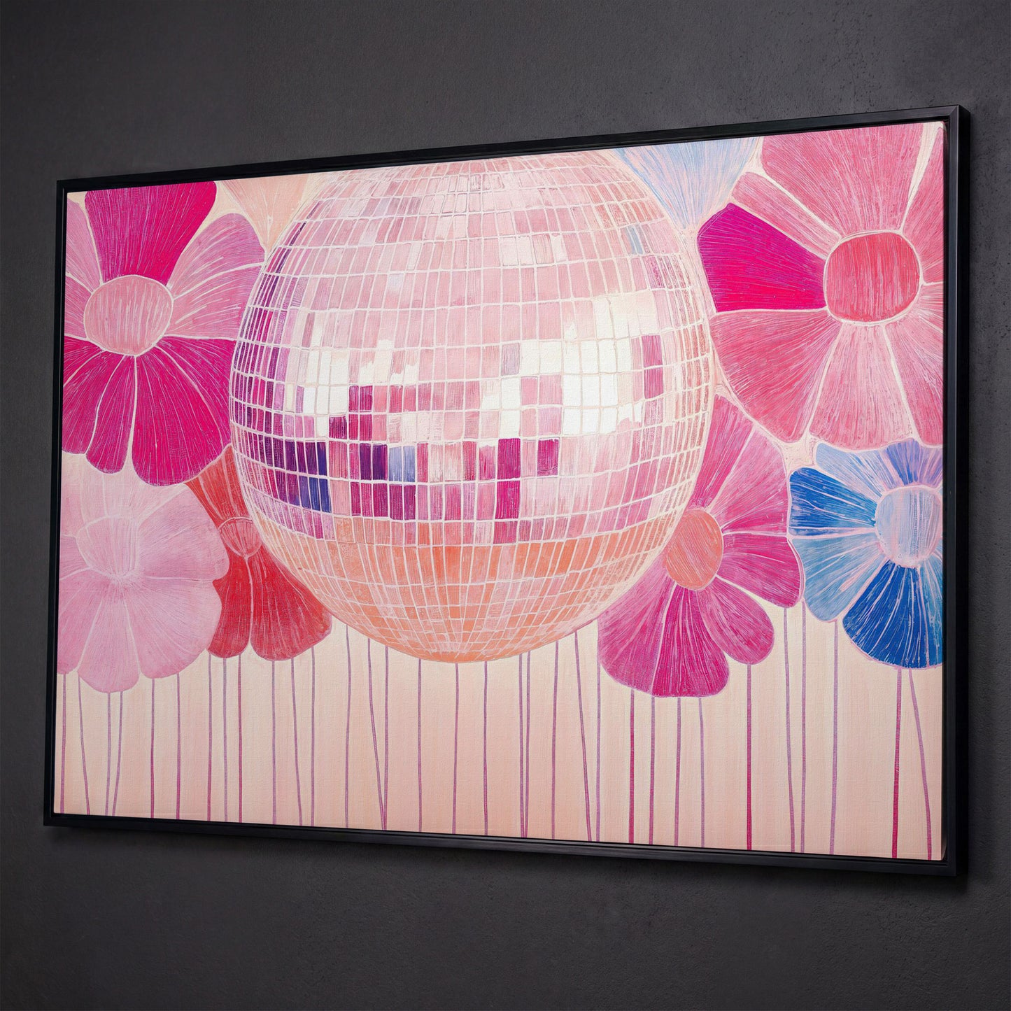 Disco Ball & Pink Flowers Canvas shown in black floating frame