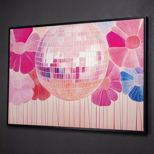 Disco Ball & Pink Flowers Canvas shown in black floating frame