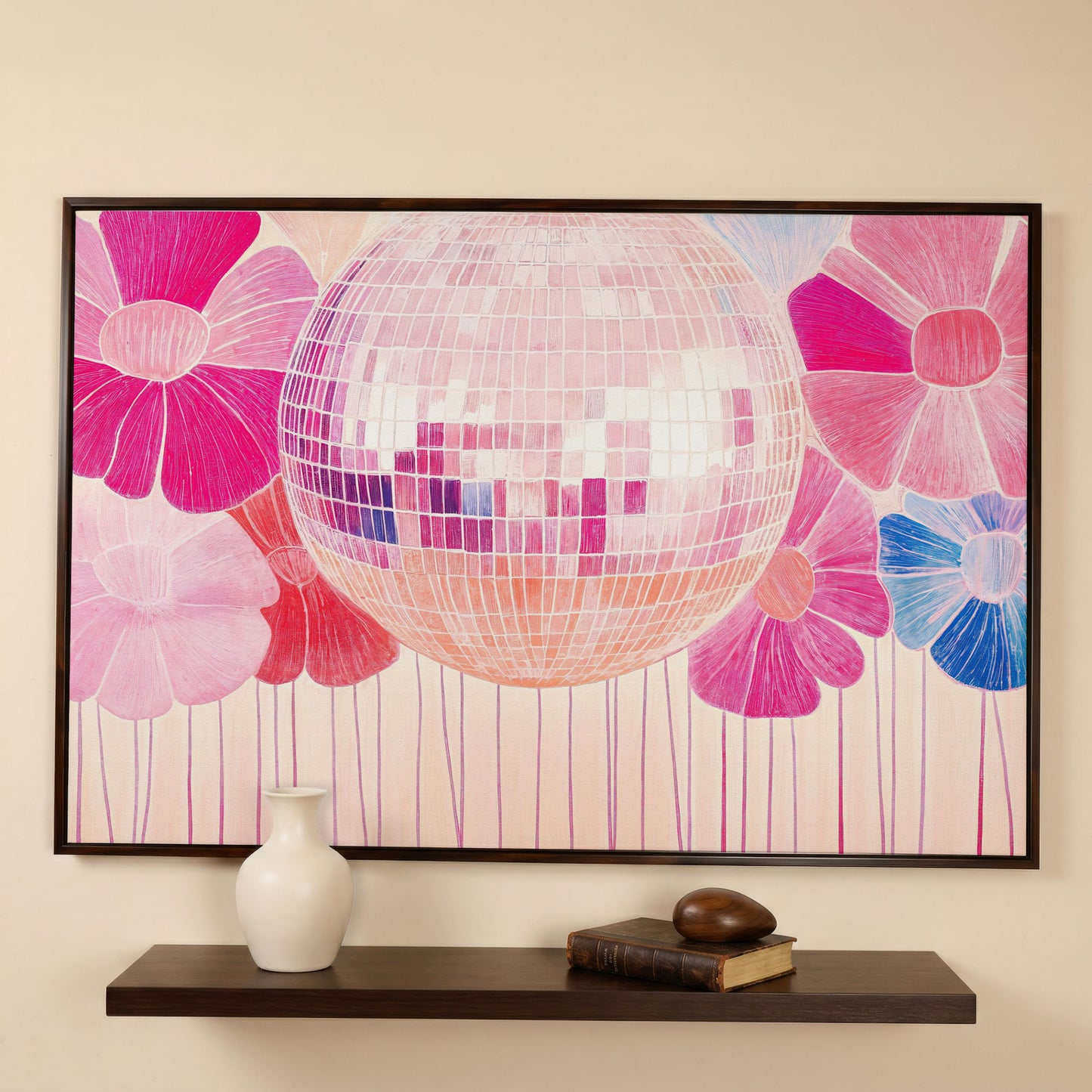 Disco Ball & Pink Flowers Canvas in dark walnut floating frame