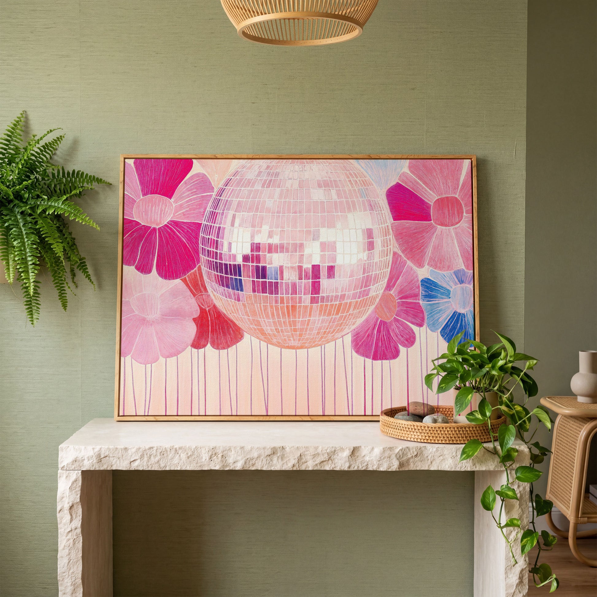 Disco Ball & Pink Flowers Canvas in white oak floating frame