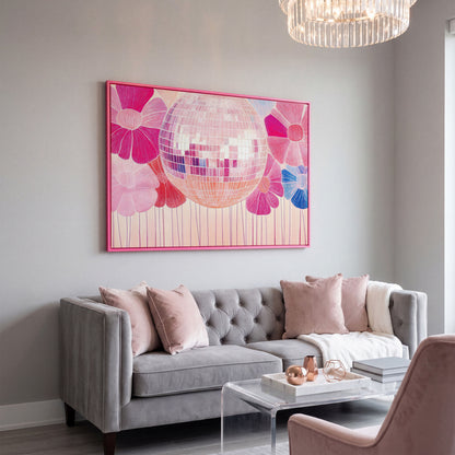 Disco Ball & Pink Flowers Canvas in pink floating frame