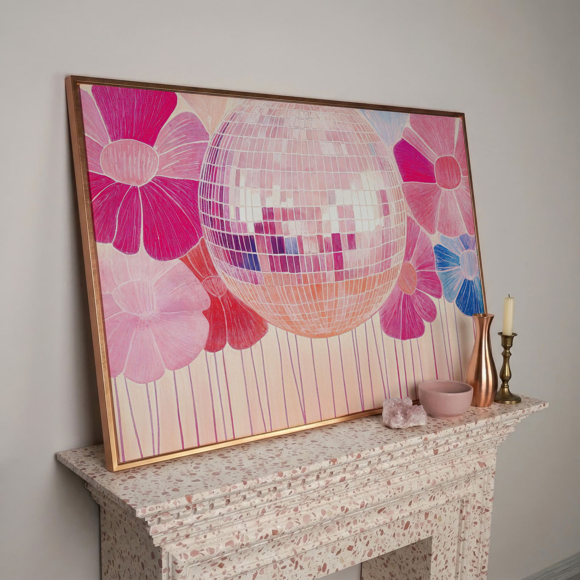 Disco Ball & Pink Flowers Canvas in rose gold floating frame