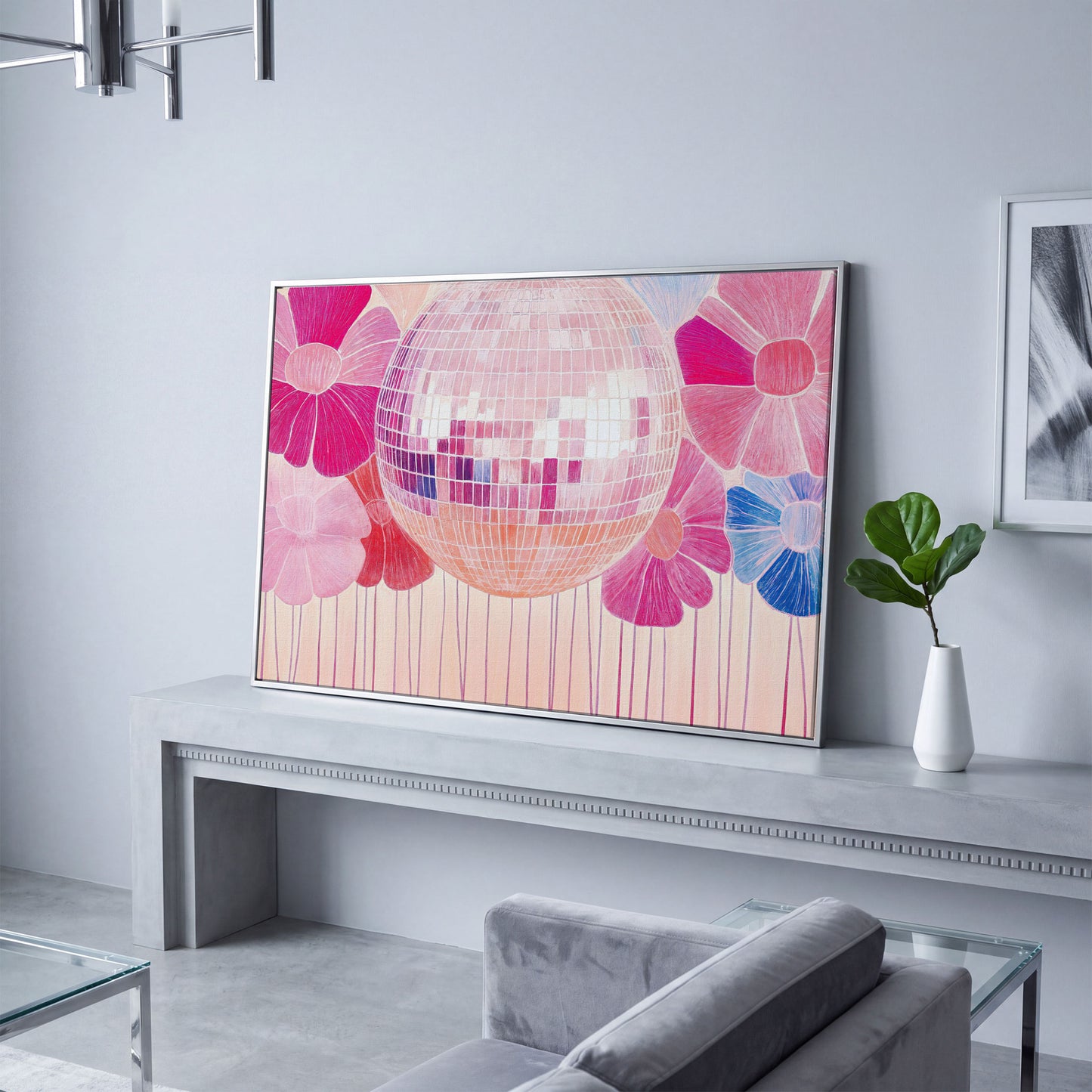 Disco Ball & Pink Flowers Canvas in silver floating frame