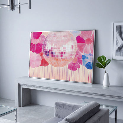 Disco Ball & Pink Flowers Canvas in silver floating frame