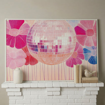 Disco Ball & Pink Flowers Canvas in white floating frame