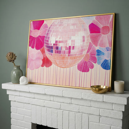 Disco Ball & Pink Flowers Canvas in yellow gold floating frame