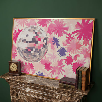 Pink Floral Disco Abstract Canvas in antique gold floating frame