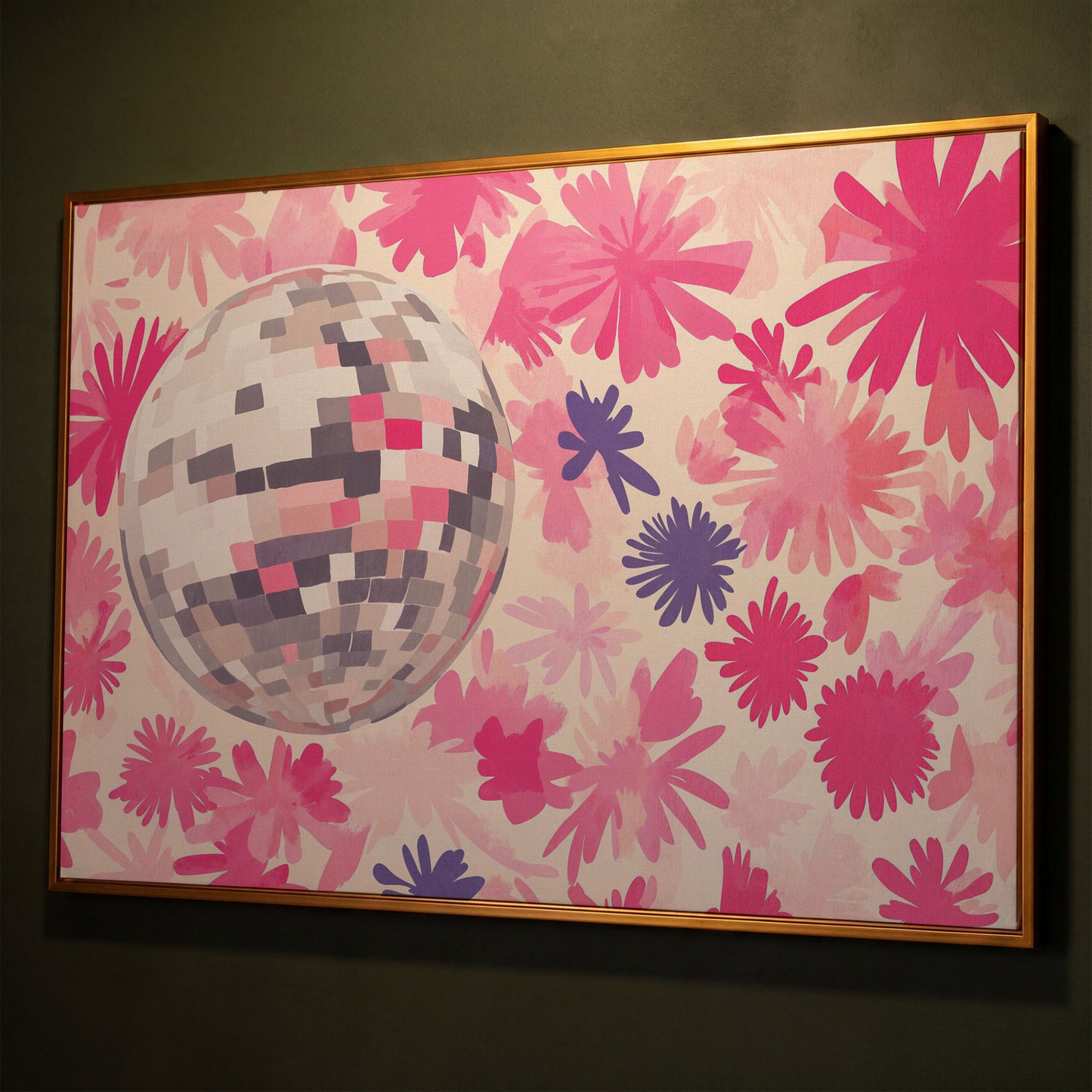 Pink Floral Disco Abstract Canvas shown in antique gold floating frame