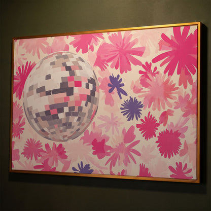 Pink Floral Disco Abstract Canvas shown in antique gold floating frame