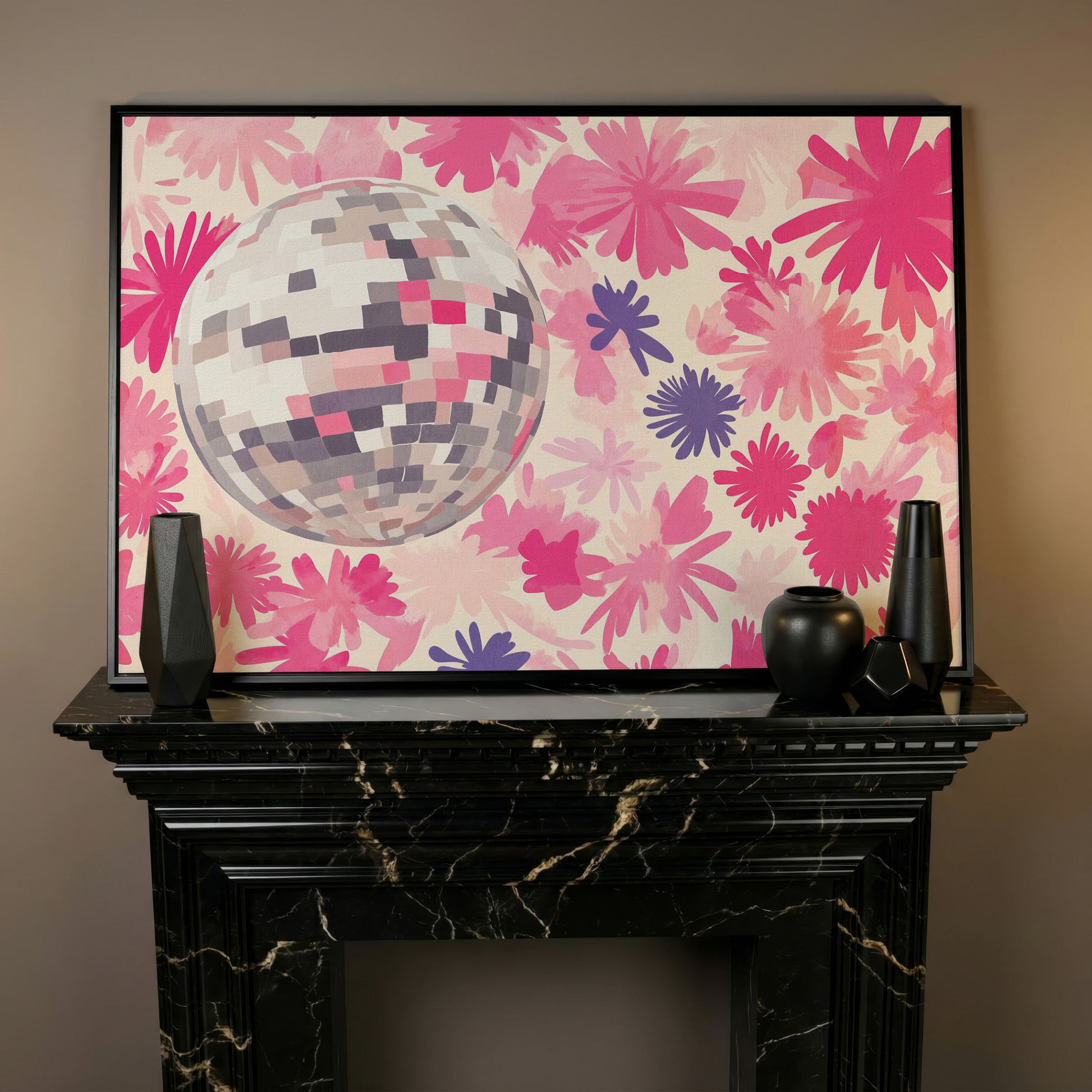 Pink Floral Disco Abstract Canvas in black floating frame