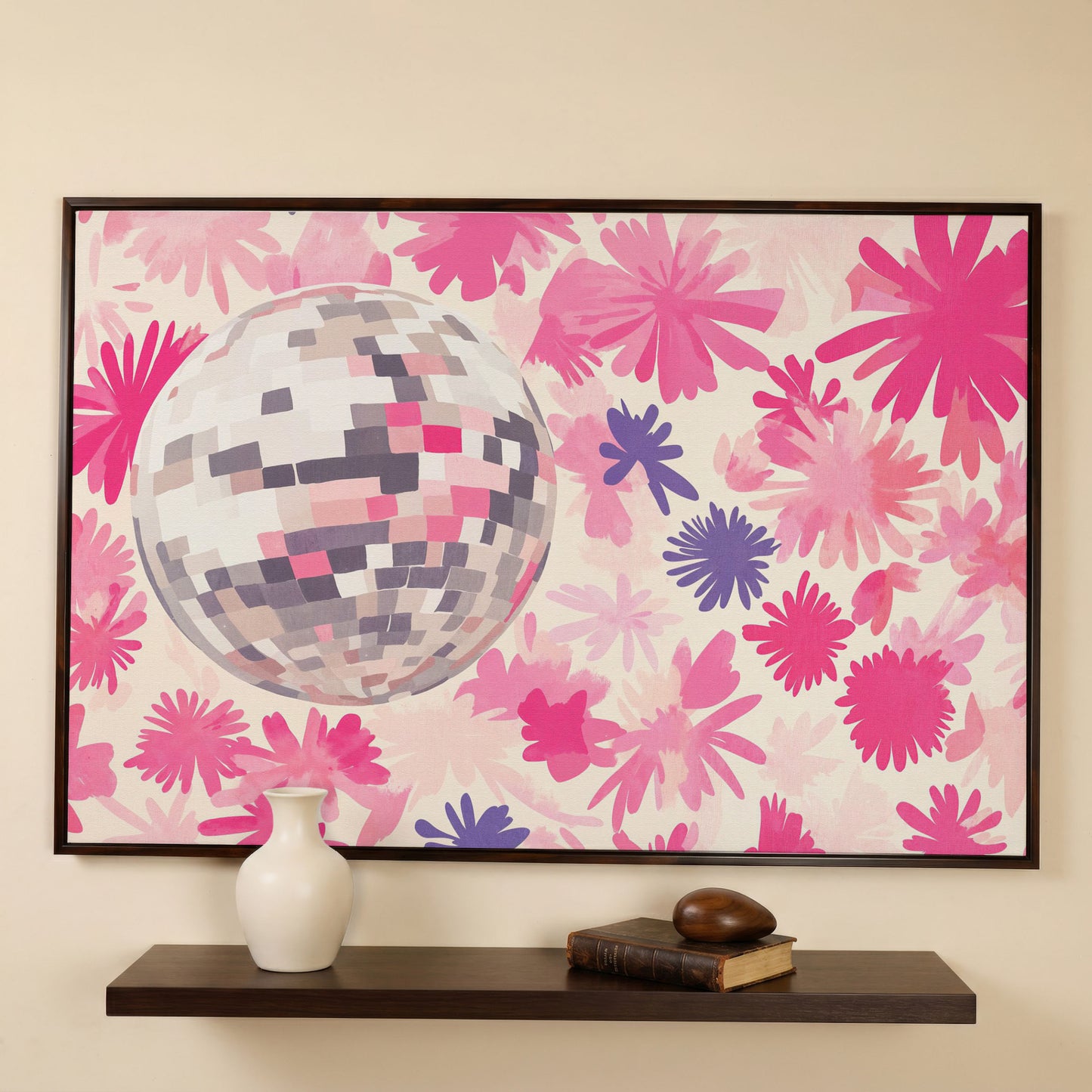 Pink Floral Disco Abstract Canvas in dark walnut floating frame