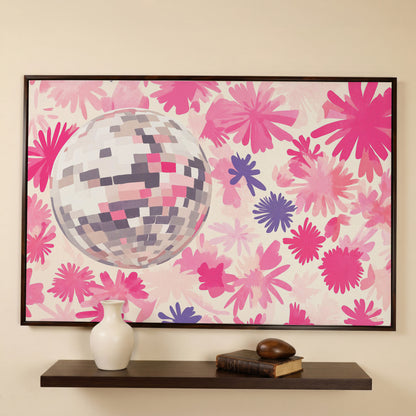 Pink Floral Disco Abstract Canvas in dark walnut floating frame