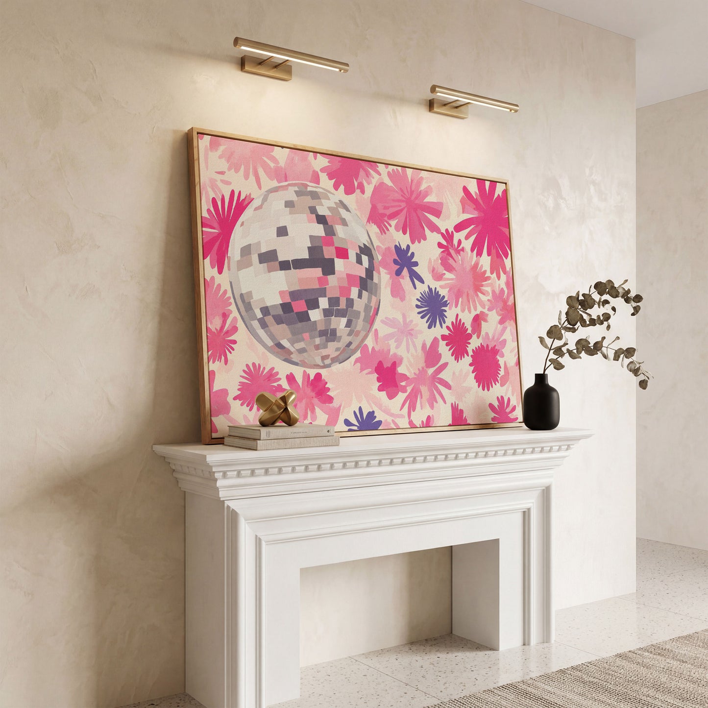 Pink Floral Disco Abstract Canvas in white oak floating frame