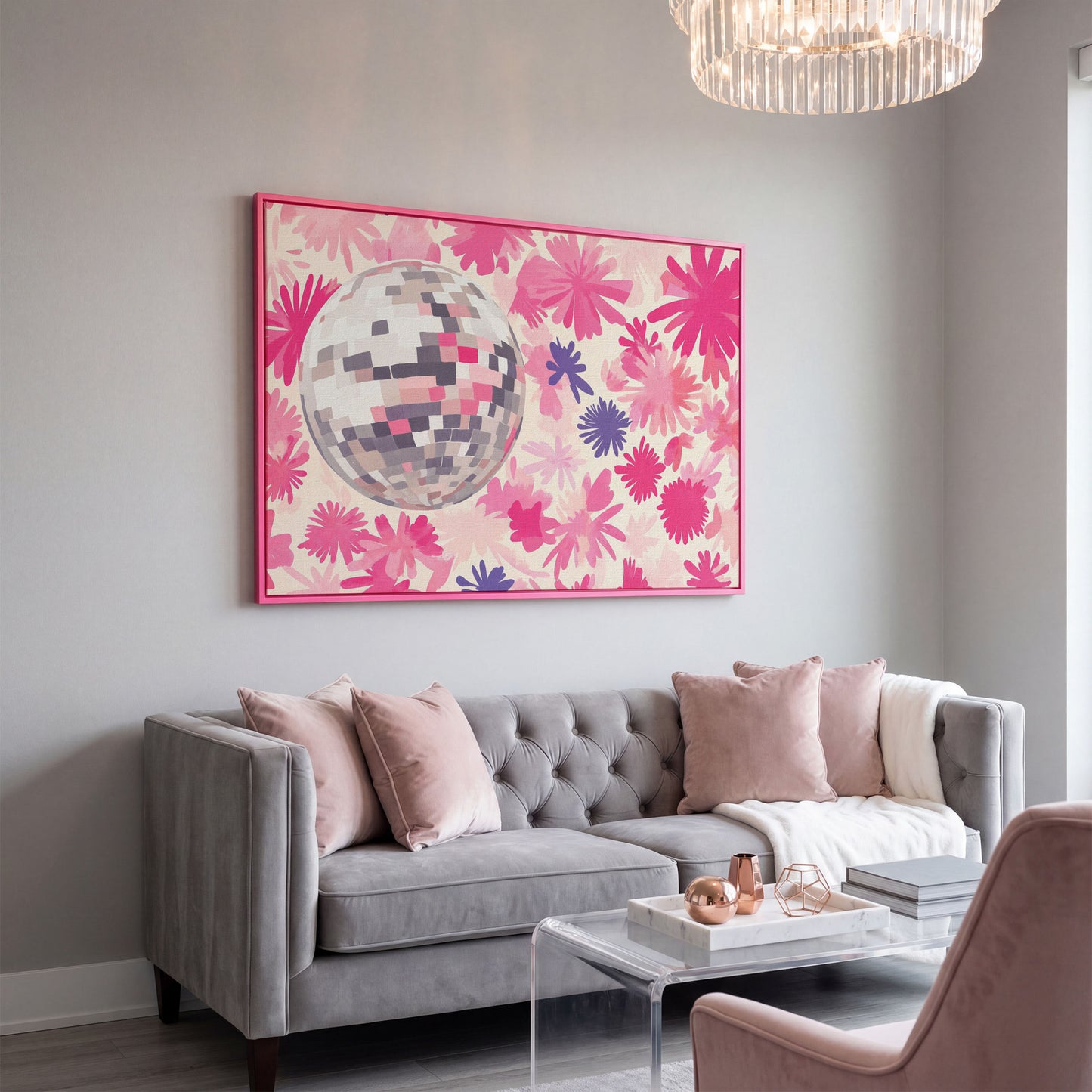 Pink Floral Disco Abstract Canvas in pink floating frame