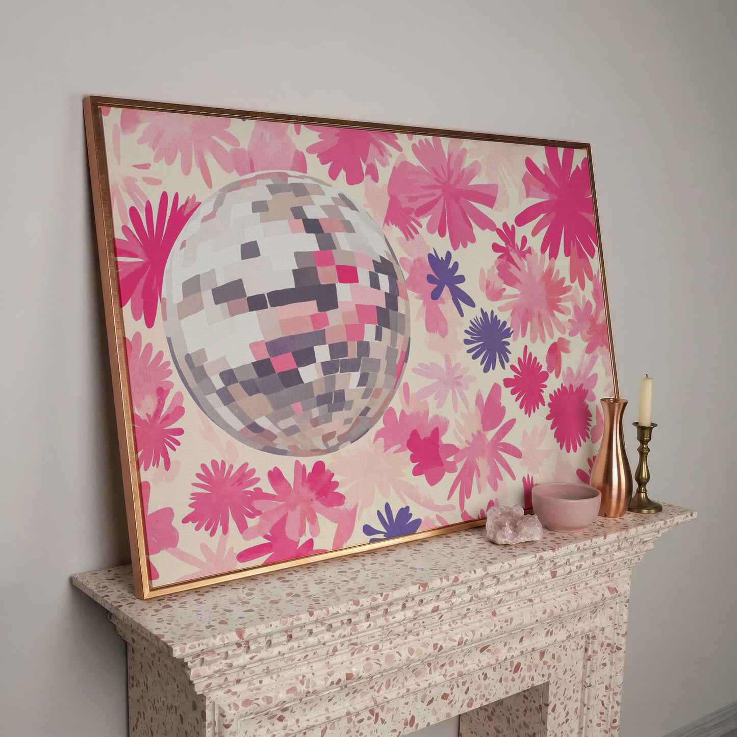 Pink Floral Disco Abstract Canvas in rose gold floating frame