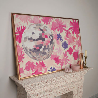 Pink Floral Disco Abstract Canvas in rose gold floating frame
