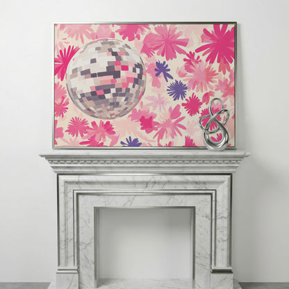 Pink Floral Disco Abstract Canvas in silver floating frame