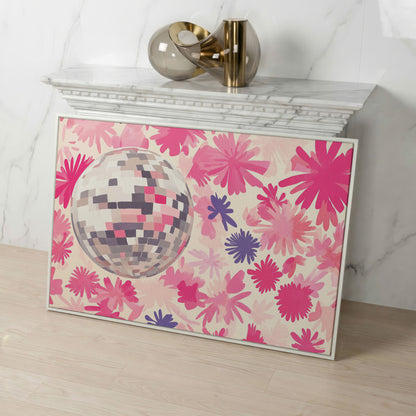 Pink Floral Disco Abstract Canvas in white floating frame