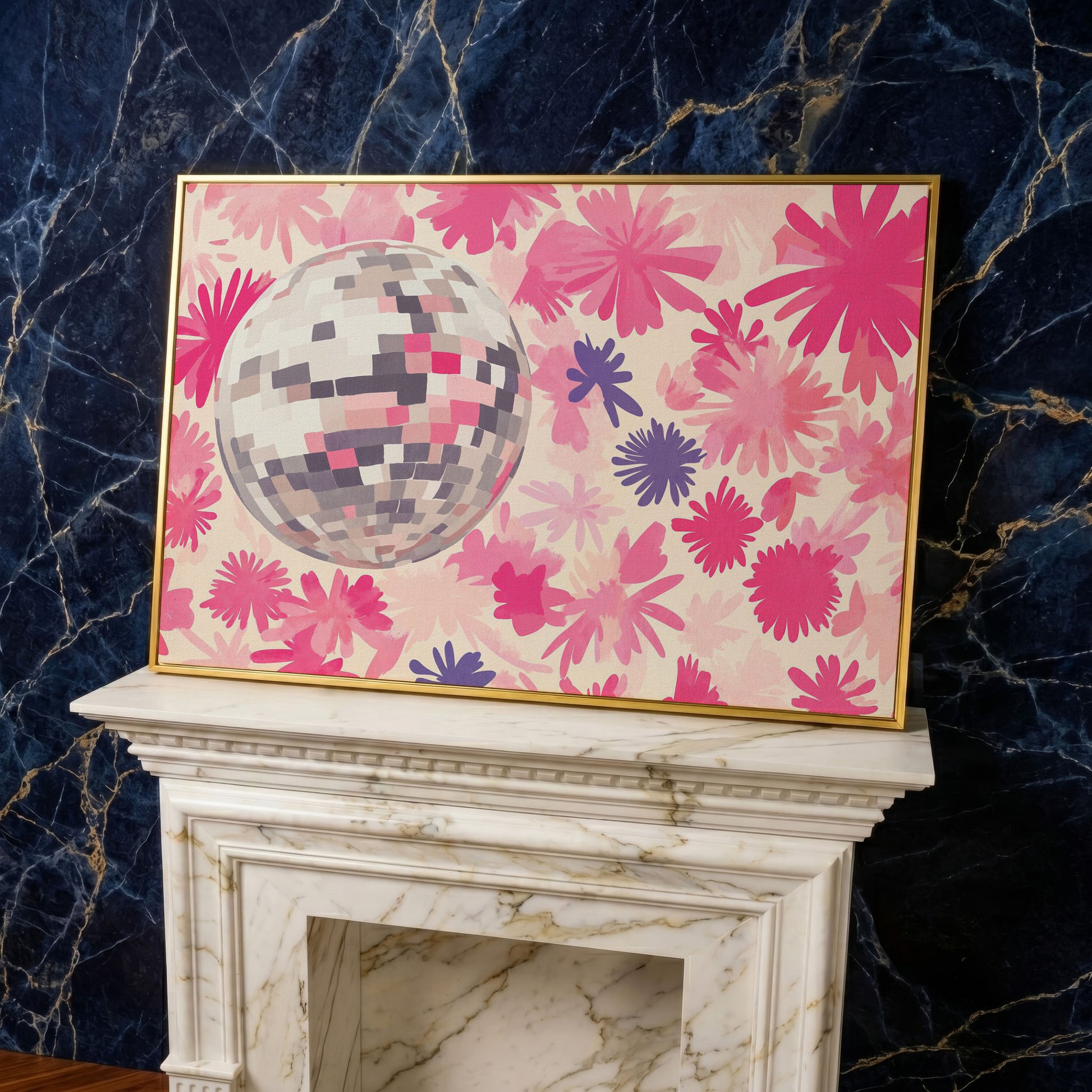 Pink Floral Disco Abstract Canvas in yellow gold floating frame