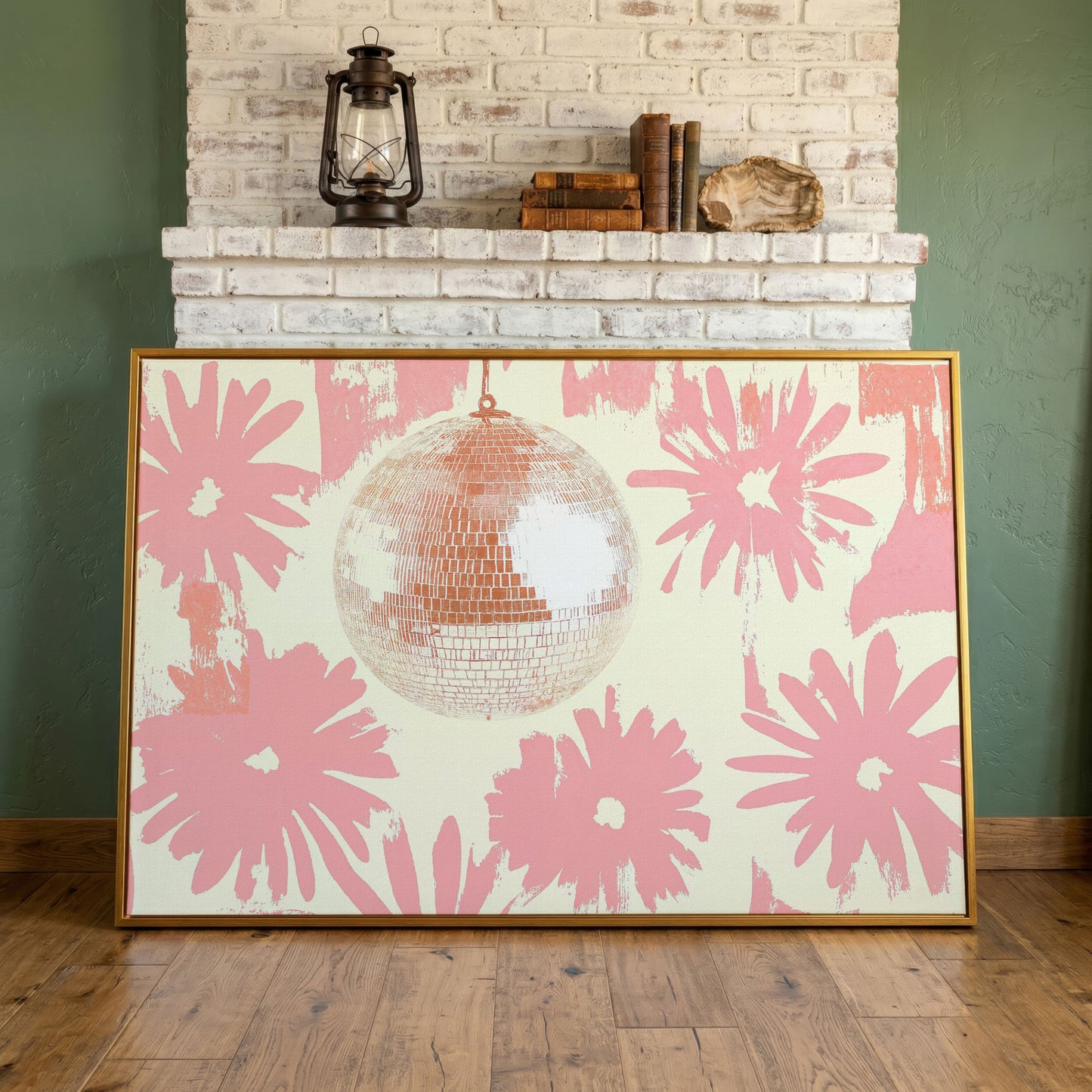 Floral Disco Pink Retro Canvas in antique gold floating frame