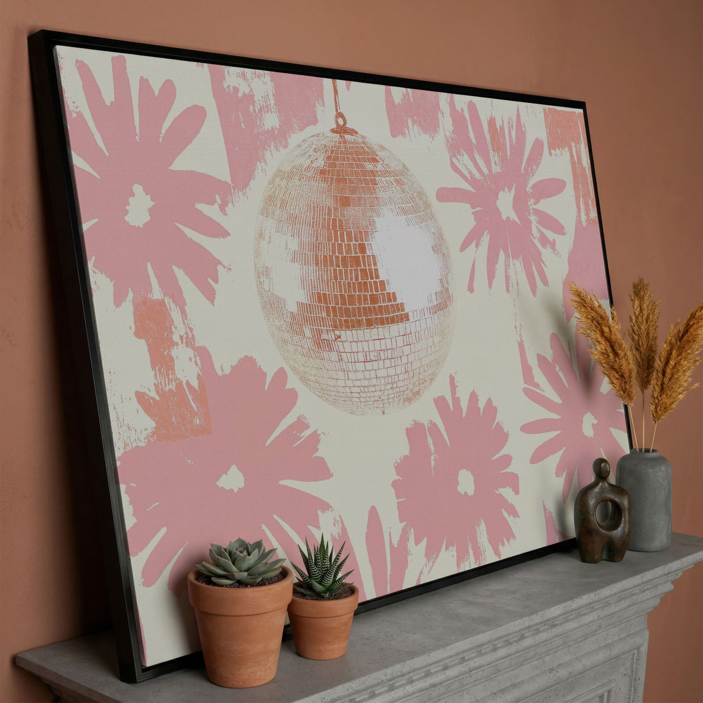 Floral Disco Pink Retro Canvas in black floating frame