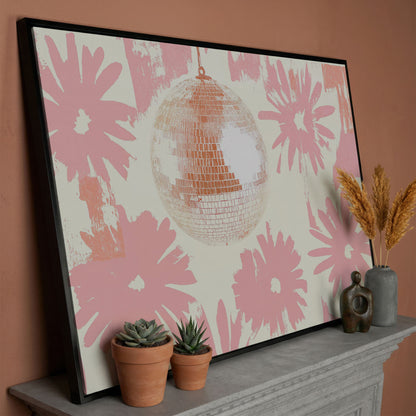 Floral Disco Pink Retro Canvas in black floating frame