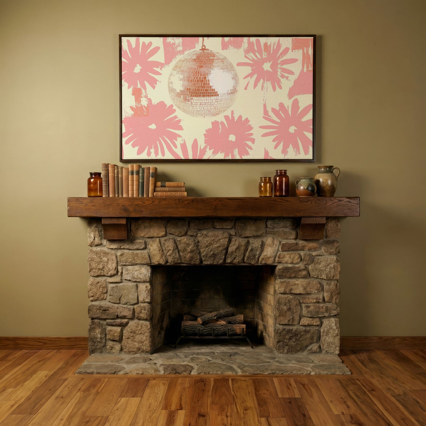 Floral Disco Pink Retro Canvas in dark walnut floating frame