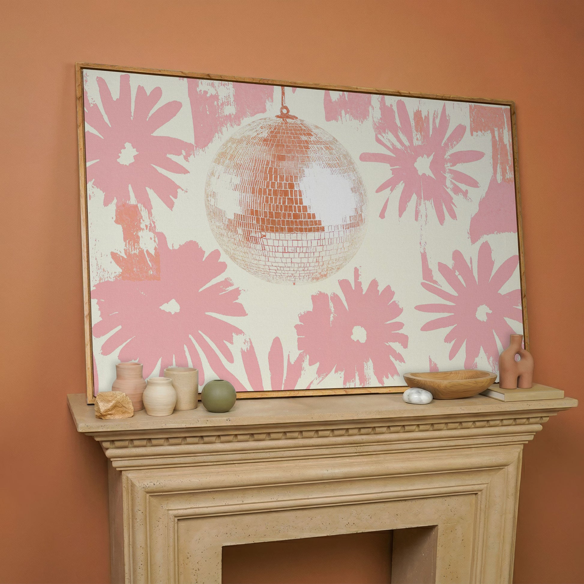 Floral Disco Pink Retro Canvas in white oak floating frame