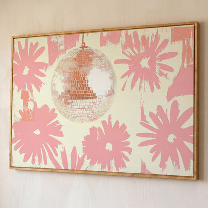 Floral Disco Pink Retro Canvas shown in white oak floating frame