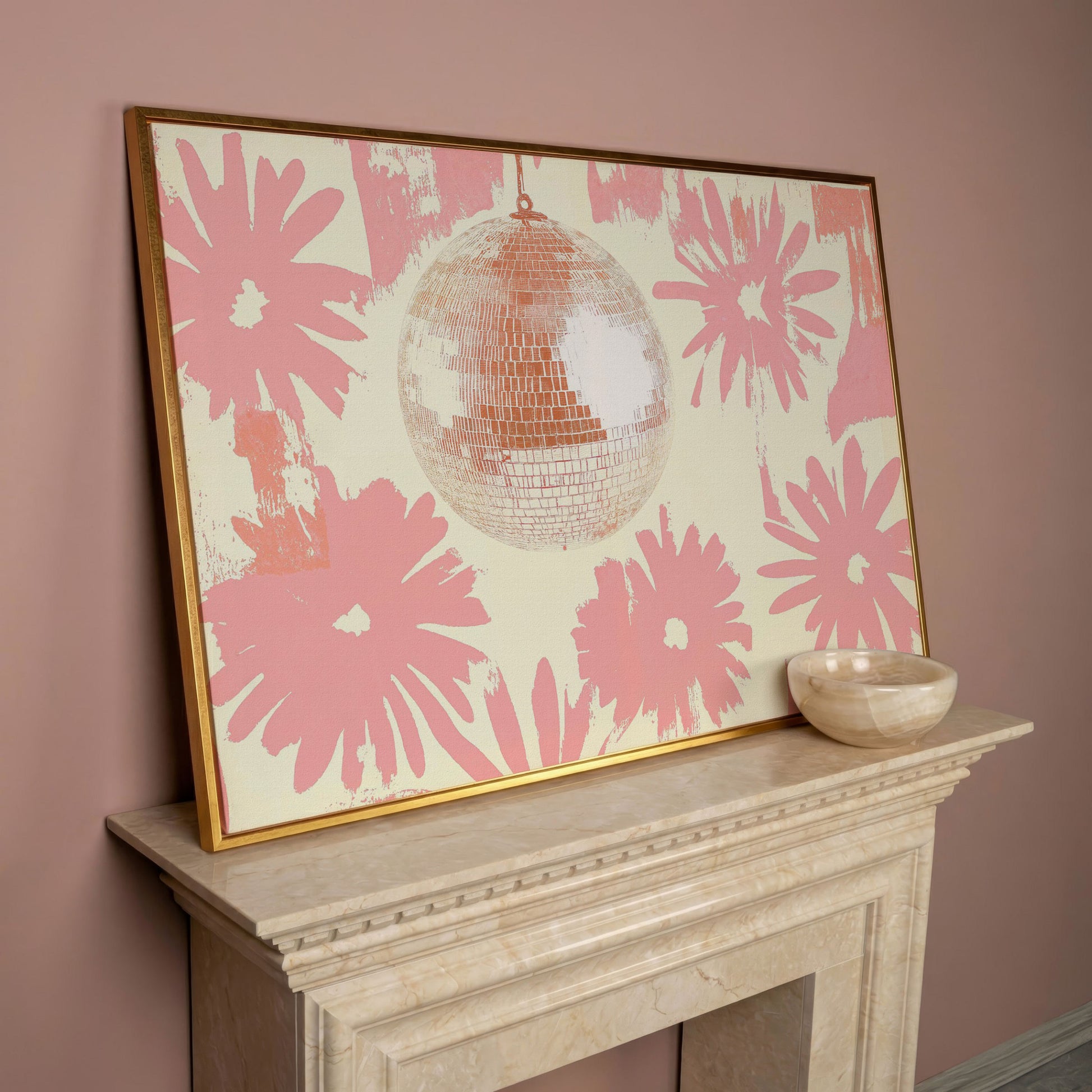Floral Disco Pink Retro Canvas in rose gold floating frame