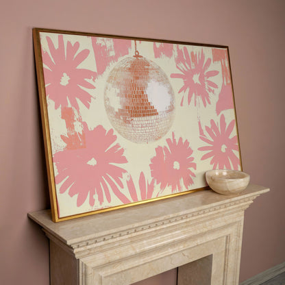 Floral Disco Pink Retro Canvas in rose gold floating frame
