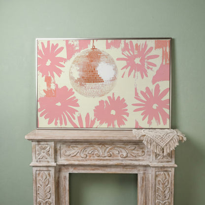 Floral Disco Pink Retro Canvas in silver floating frame