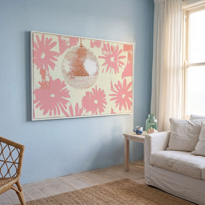 Floral Disco Pink Retro Canvas in white floating frame