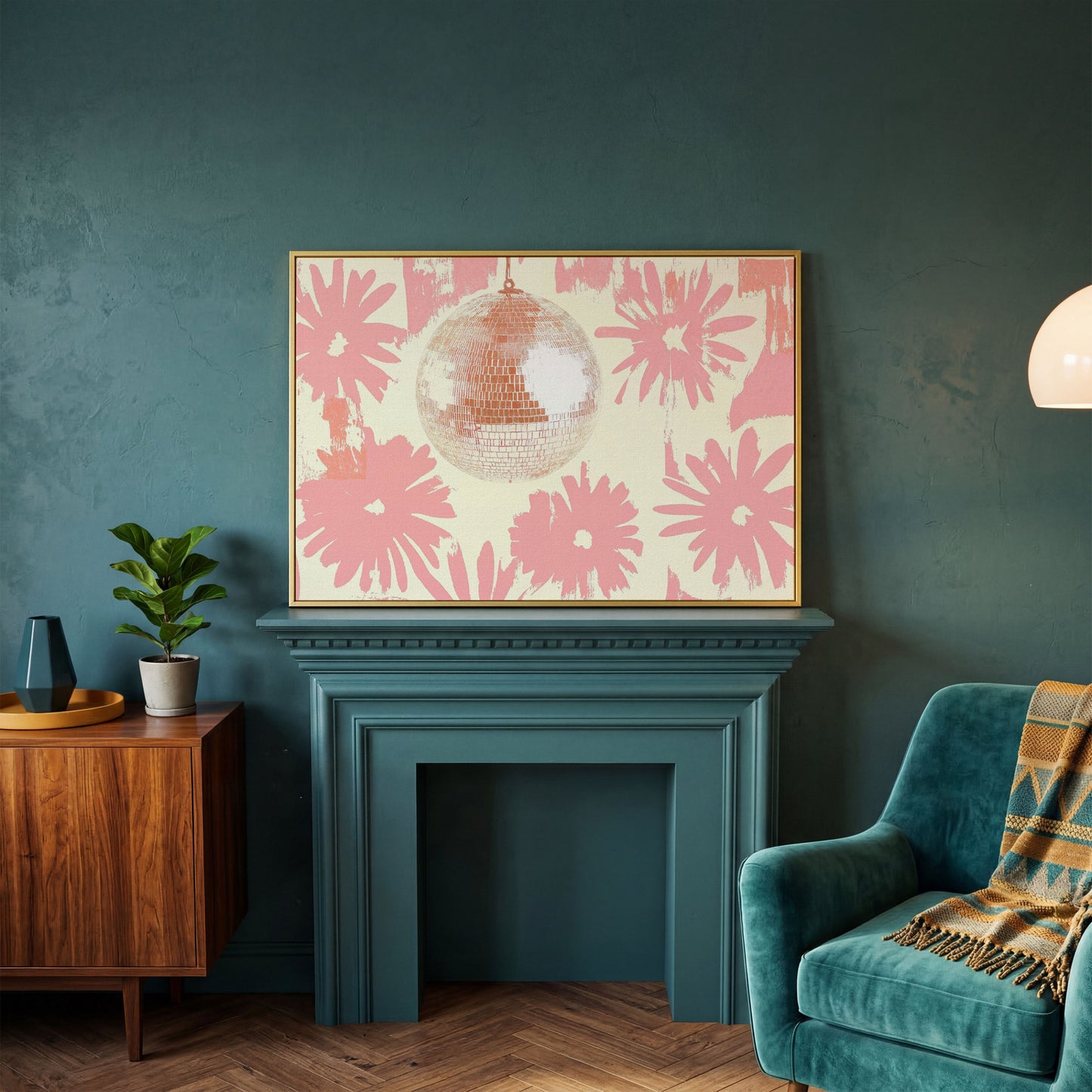 Floral Disco Pink Retro Canvas in yellow gold floating frame