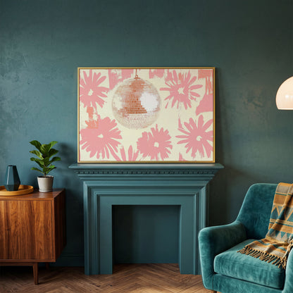 Floral Disco Pink Retro Canvas in yellow gold floating frame