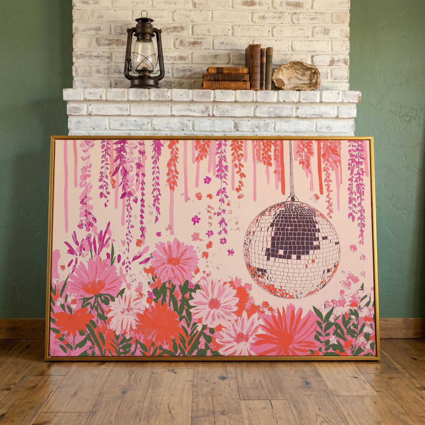 Pink Disco Ball and Pastel Floral Canvas in antique gold floating frame