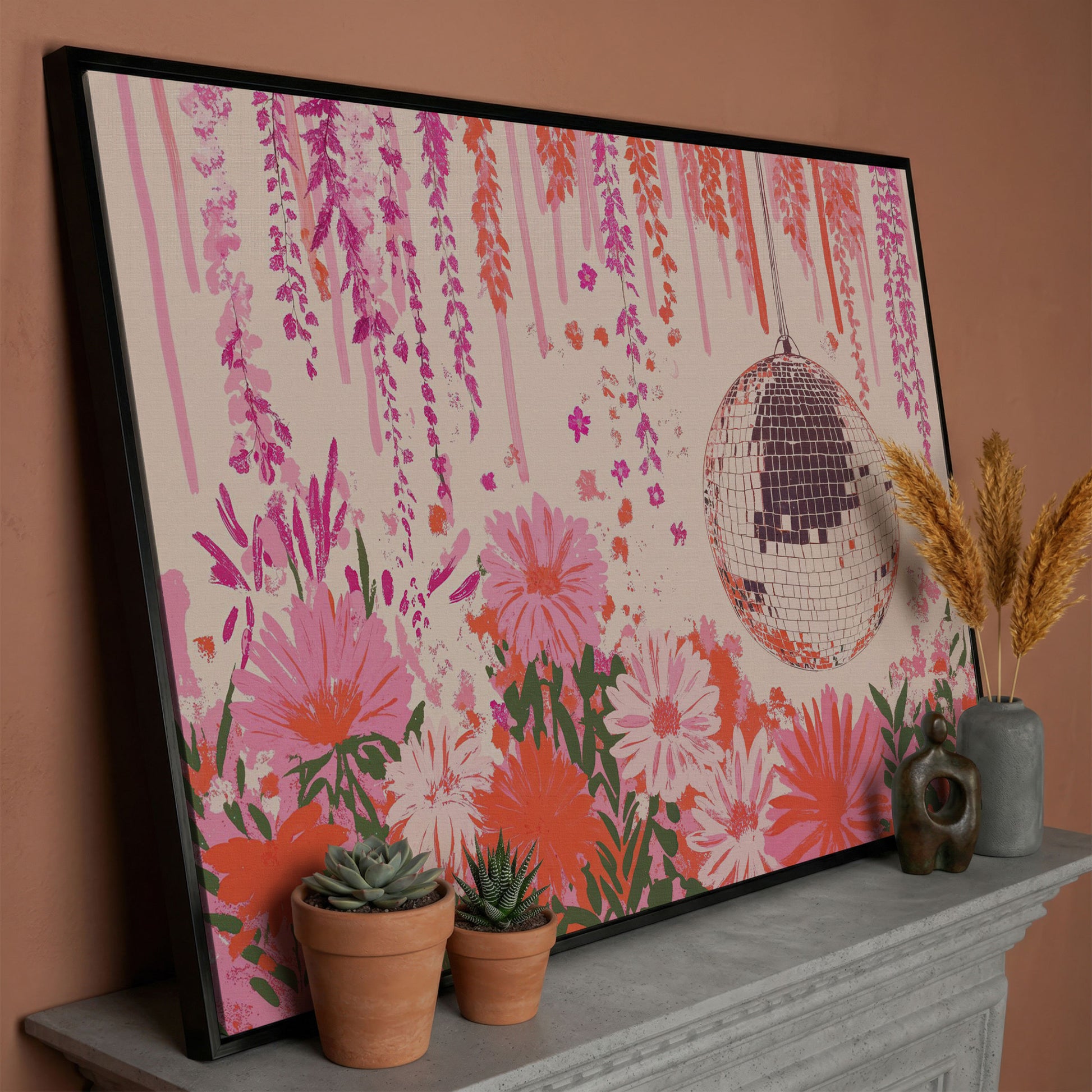 Pink Disco Ball and Pastel Floral Canvas in black floating frame