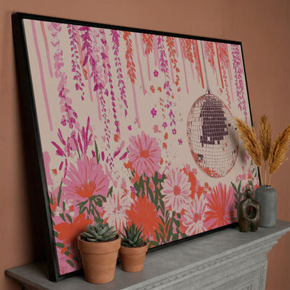 Pink Disco Ball and Pastel Floral Canvas in black floating frame