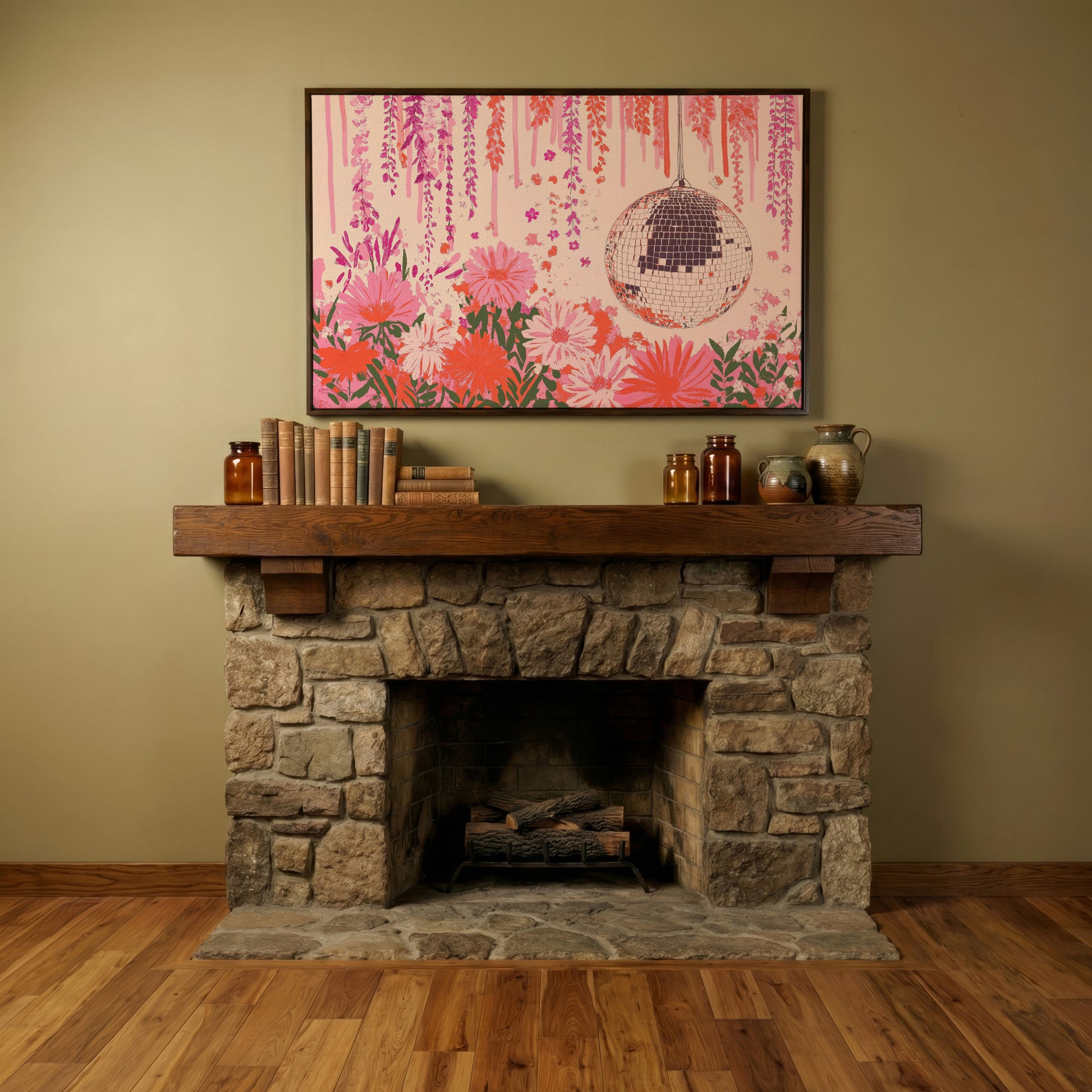 Pink Disco Ball and Pastel Floral Canvas in dark walnut floating frame