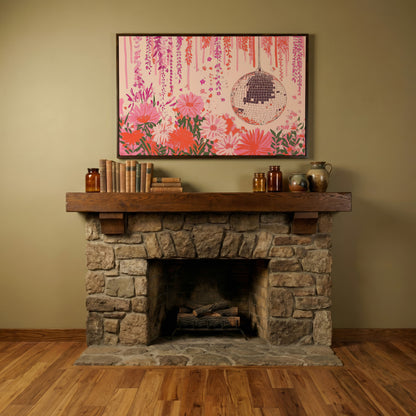 Pink Disco Ball and Pastel Floral Canvas in dark walnut floating frame