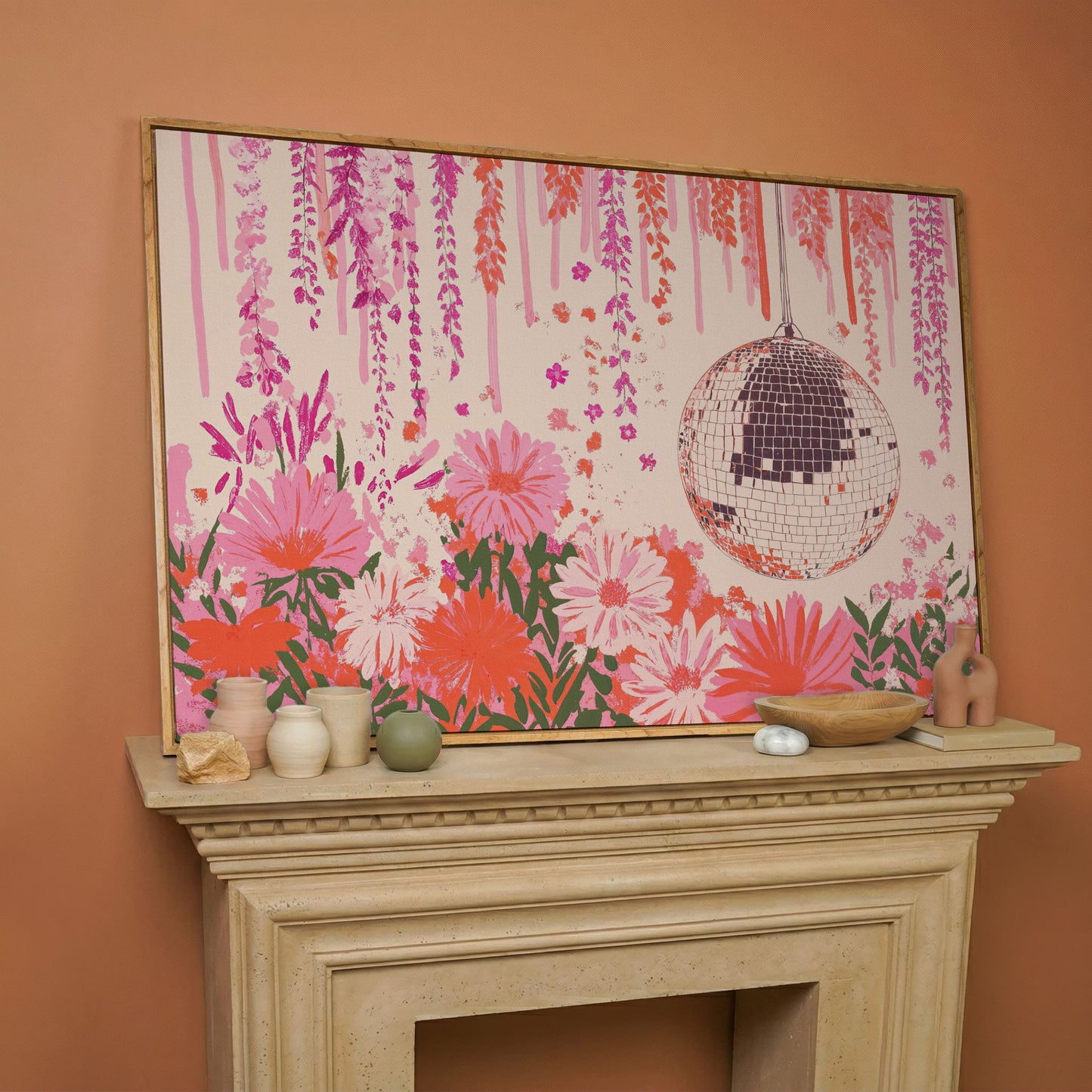 Pink Disco Ball and Pastel Floral Canvas in white oak floating frame