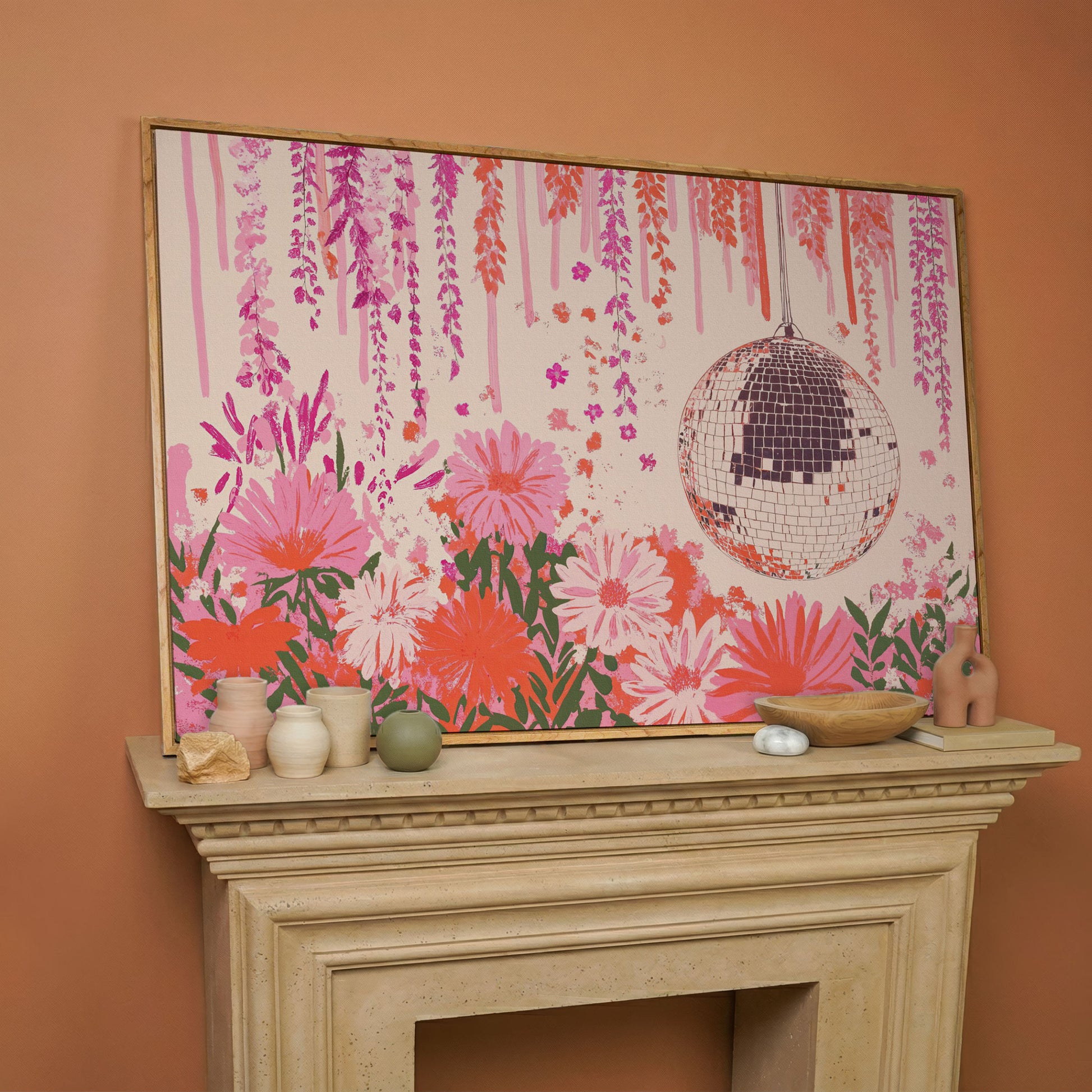 Pink Disco Ball and Pastel Floral Canvas in white oak floating frame