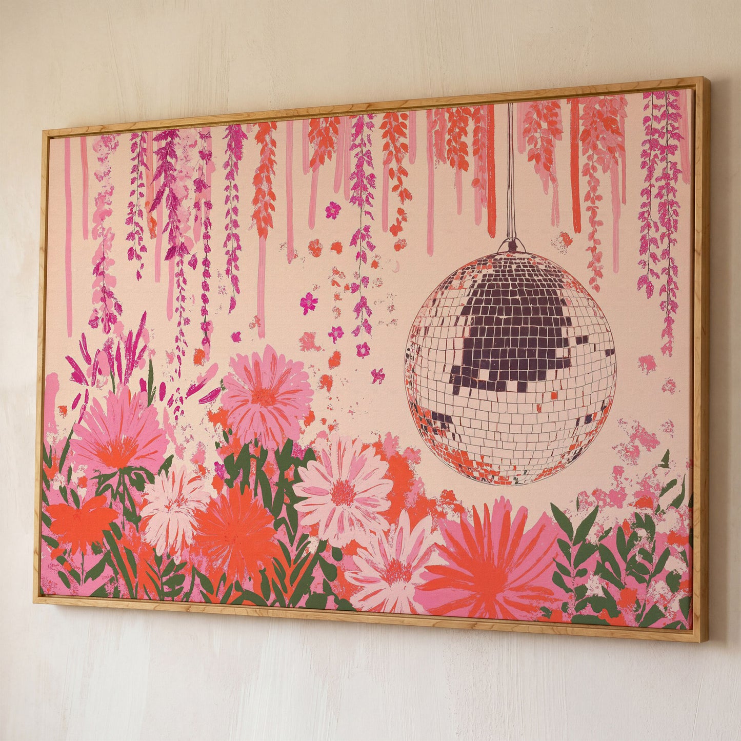 Pink Disco Ball and Pastel Floral Canvas shown in white oak floating frame