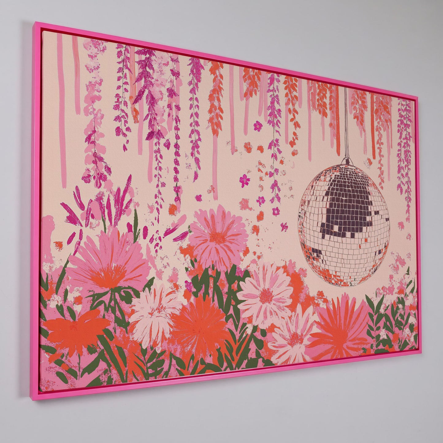 Pink Disco Ball and Pastel Floral Canvas in pink floating frame