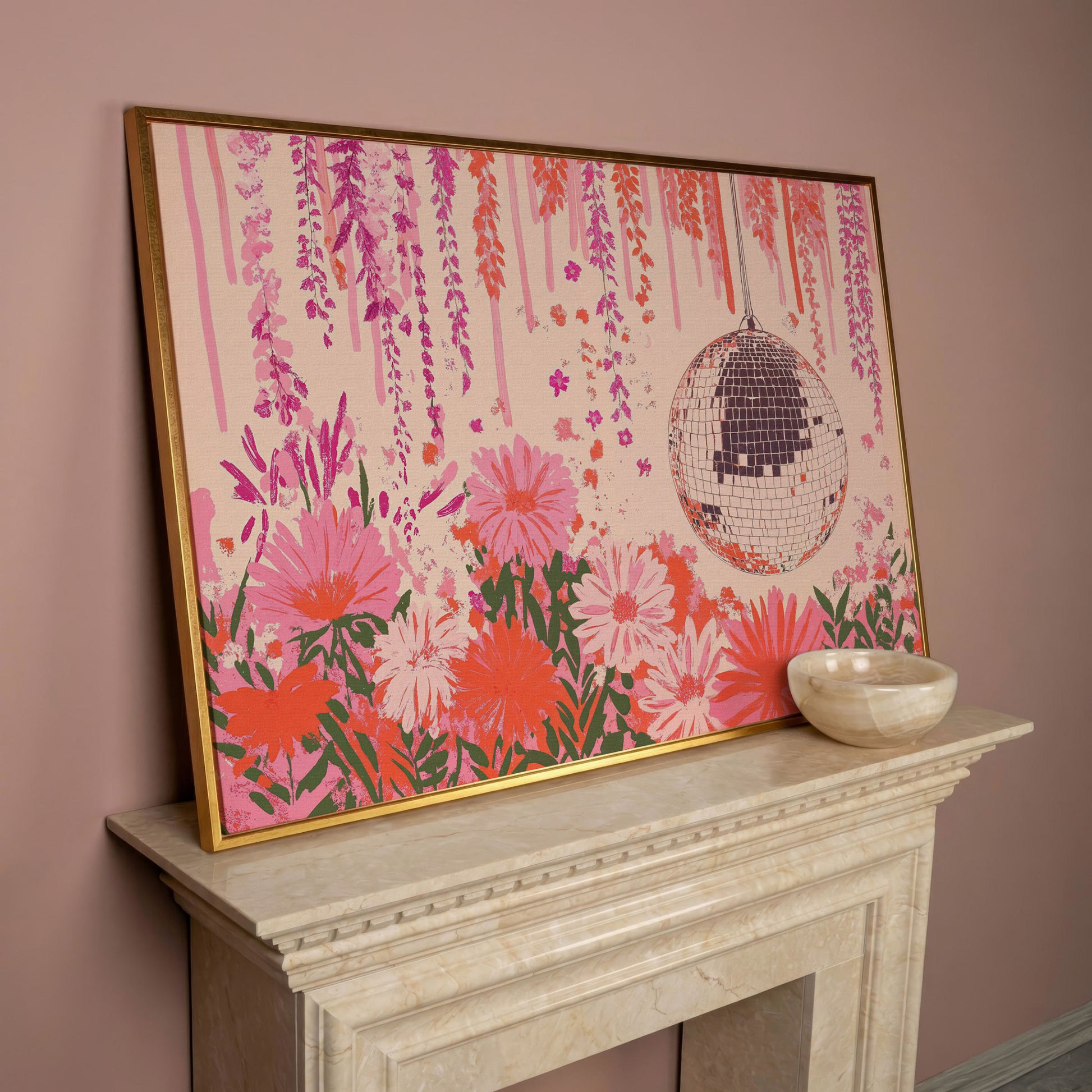 Pink Disco Ball and Pastel Floral Canvas in rose gold floating frame