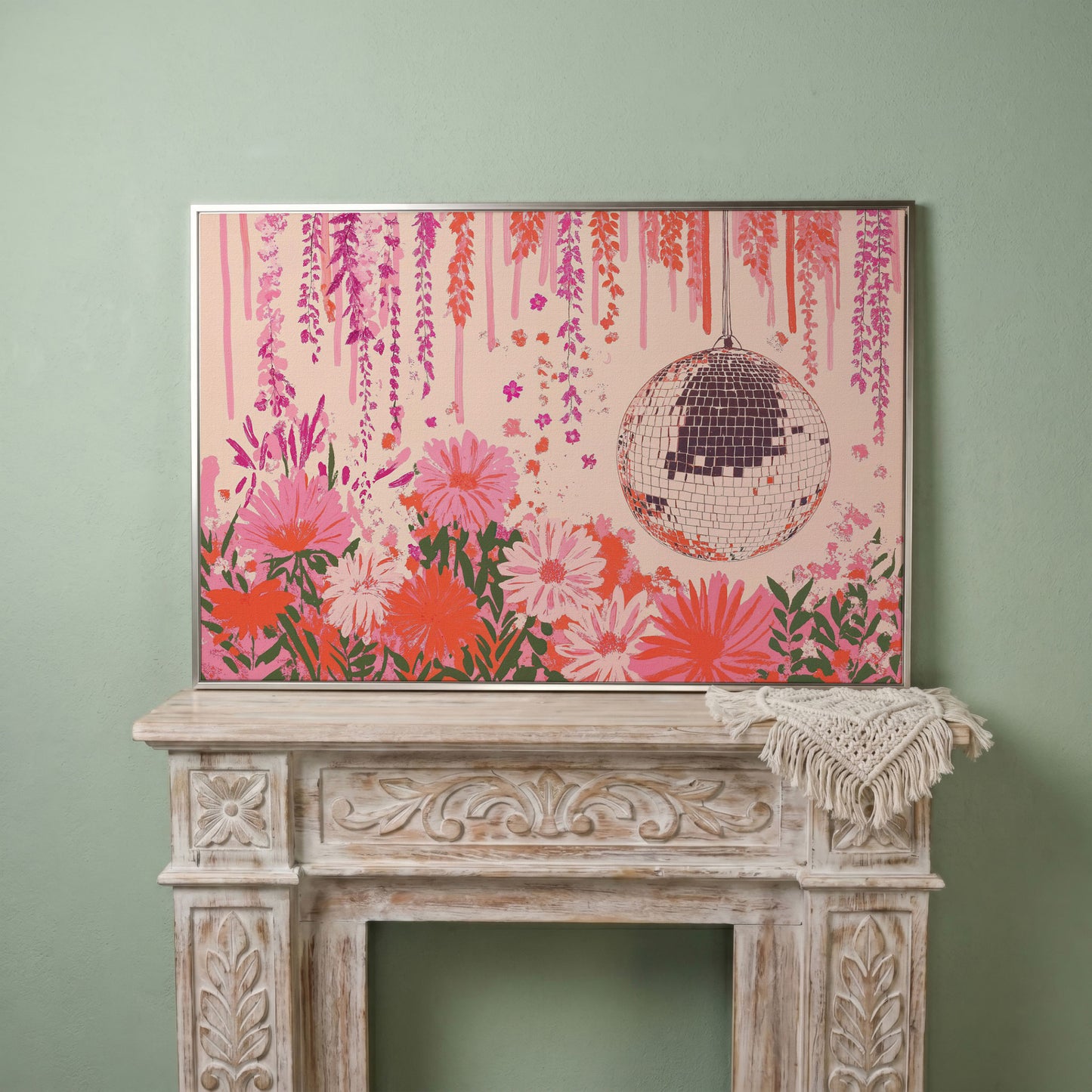 Pink Disco Ball and Pastel Floral Canvas in silver floating frame