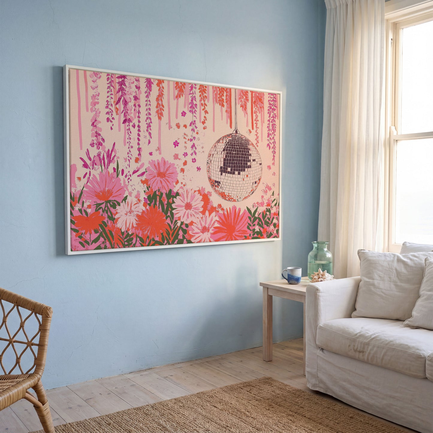 Pink Disco Ball and Pastel Floral Canvas in white floating frame