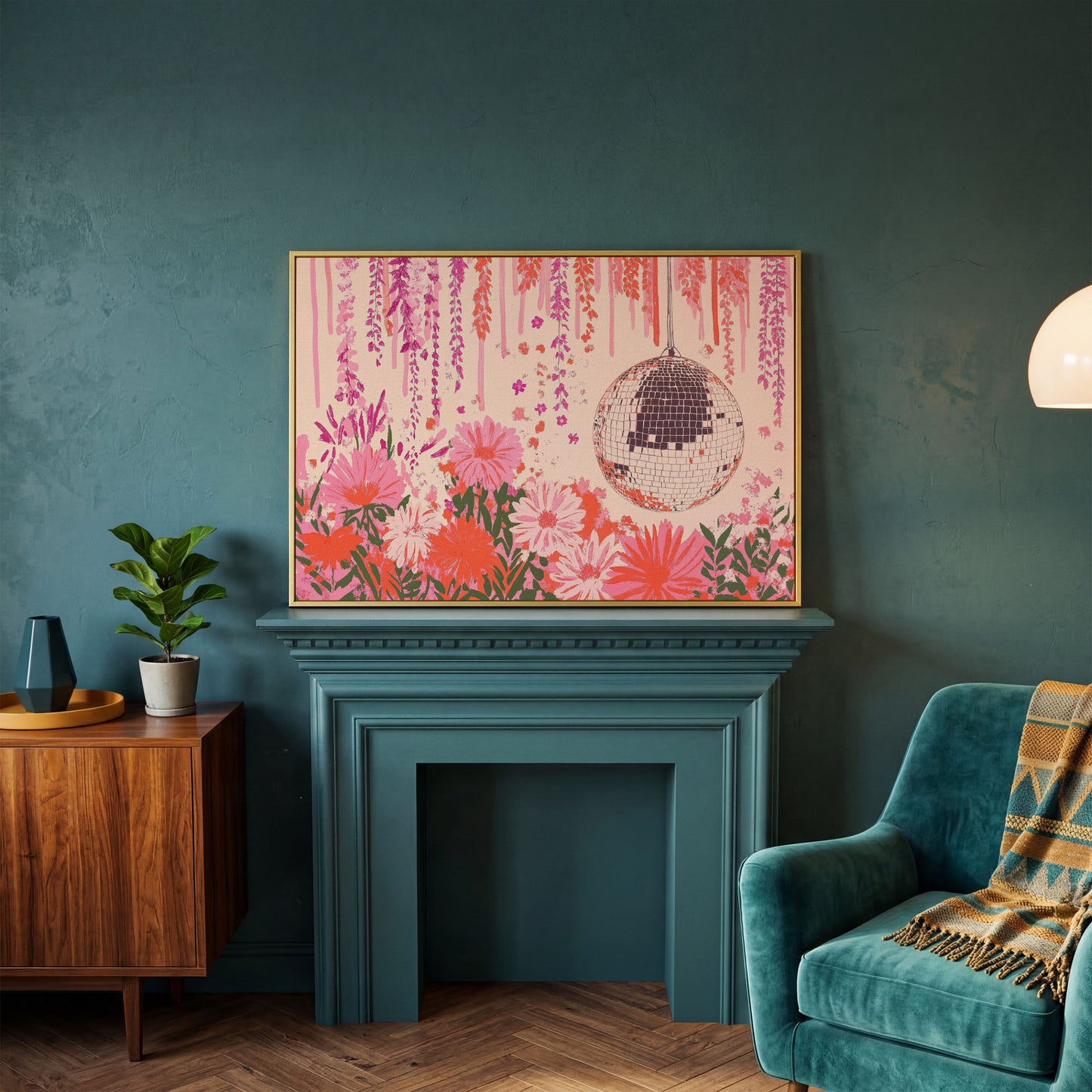 Pink Disco Ball and Pastel Floral Canvas in yellow gold floating frame